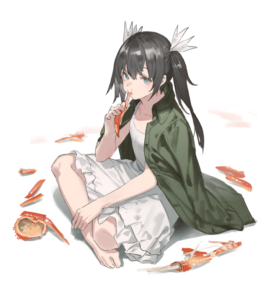 1girl, absurdres, bare_legs, black_hair, blue_eyes, crab, dress, eating
