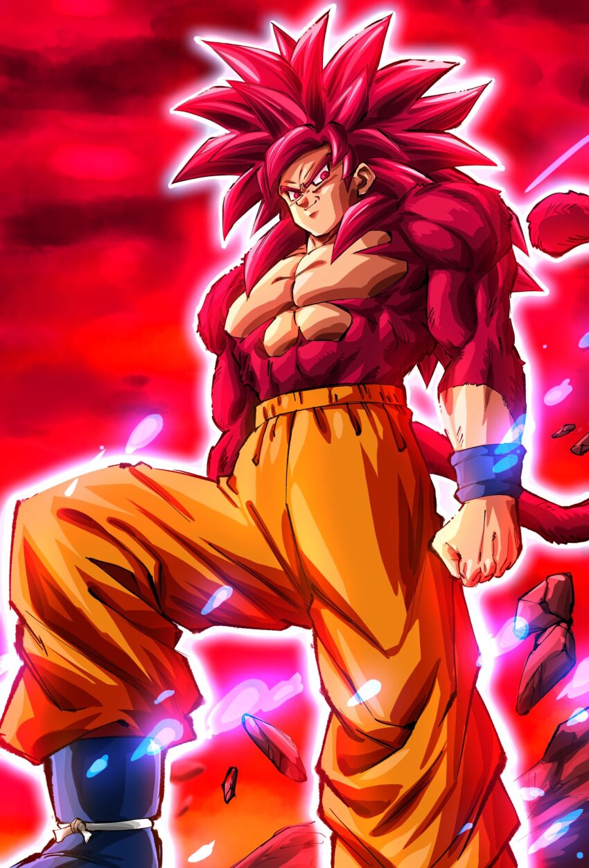 1boy, aura, body_fur, debris, dragon_ball, dragon_ball_daima, foot_out_of_frame, highres