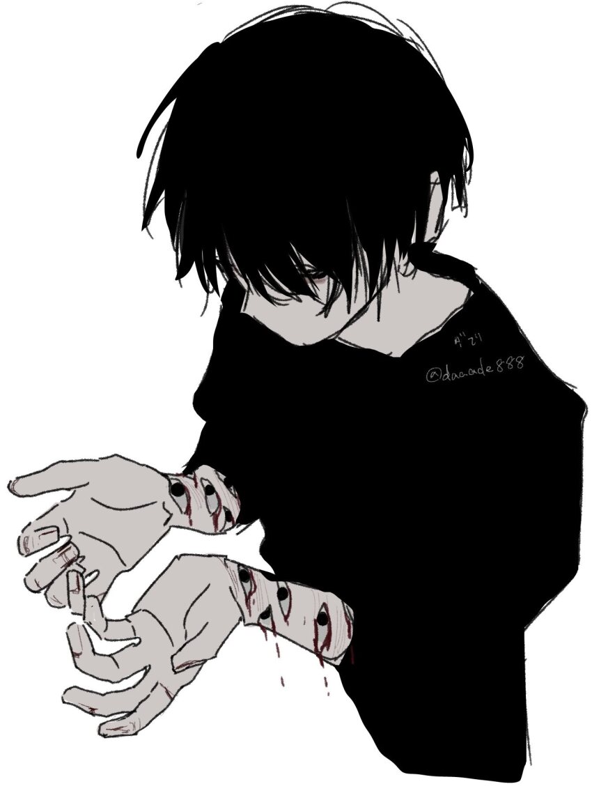 1boy, bags_under_eyes, black_hair, black_shirt, blood, commentary, daaade888, extra_eyes, highres, long_sleeves, looking_at_viewer, looking_down, male_focus, no_mouth, original, self-harm, shirt, short_hair, simple_background, solo, twitter_username, upper_body, white_background