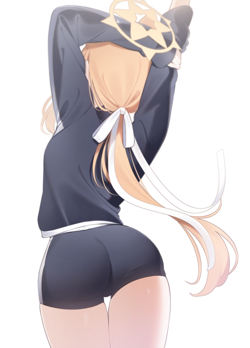 1girl, aoitsuki, arm_behind_head, arms_up, ass, black_jacket, black_shorts, blue_archive, cat_girl, cat_tail, commentary_request, from_behind, gym_shorts, halo, highres, jacket, long_hair, long_sleeves, low_ponytail, mari_(blue_archive), mari_(track)_(blue_archive), official_alternate_costume, official_alternate_hairstyle, orange_hair, ponytail, short_shorts, shorts, simple_background, solo, stretching, tail, thigh_gap, thighs, track_jacket, white_background, yellow_halo