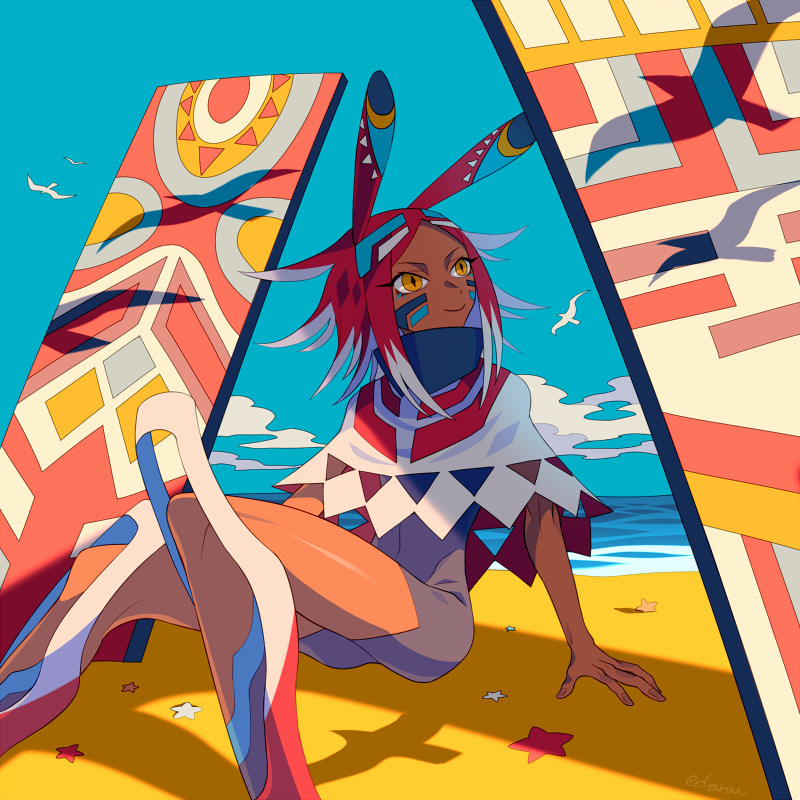 1boy, arthropod_boy, beach, bird, blue_sky, capelet, colored_tips, commentary