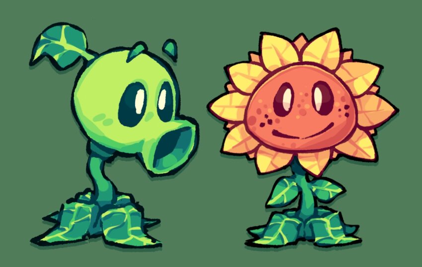 closed_eyes, green_background, highres, leafysky22, no_humans, peashooter_(plants_vs._zombies), plants_vs._zombies, simple_background