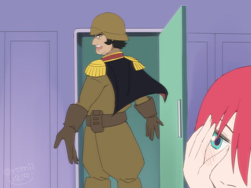 1970s_(style), 1boy, 1girl, amate_yuzuriha, aqua_eyes, artist_name, belt, black_hair