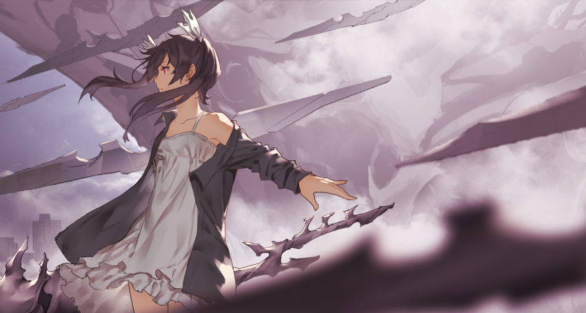 black_hair, cropped_legs, dress, floating, floating_clothes, floating_hair, floating_object, floating_weapon, frilled_dress, frills, from_side, glowing, glowing_eyes, hair_ribbon, highres, jacket, long_hair, looking_to_the_side, mogumo, monster, off_shoulder, open_clothes, open_jacket, outstretched_arm, red_eyes, ribbon, tokoshie_bullet, tokoshie_no._10, twintails, white_dress
