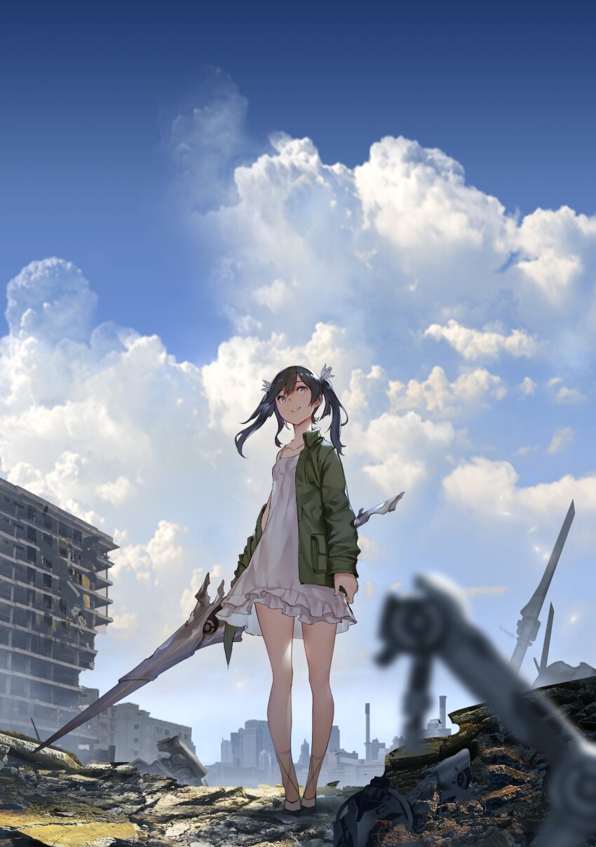 1girl, absurdres, arms_at_sides, bare_legs, black_hair, blue_eyes, blue_sky, building, cloud, dress, frilled_dress, frills, full_body, hair_ribbon, highres, holding, holding_weapon, jacket, long_hair, mogumo, open_clothes, open_jacket, parted_lips, ribbon, ruins, sky, standing, tokoshie_bullet, tokoshie_no._10, twintails, weapon, white_dress