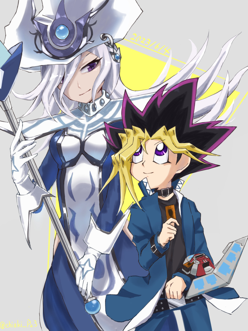 1boy, 1girl, black_choker, black_shirt, blonde_hair, blue_dress, blue_jacket, card