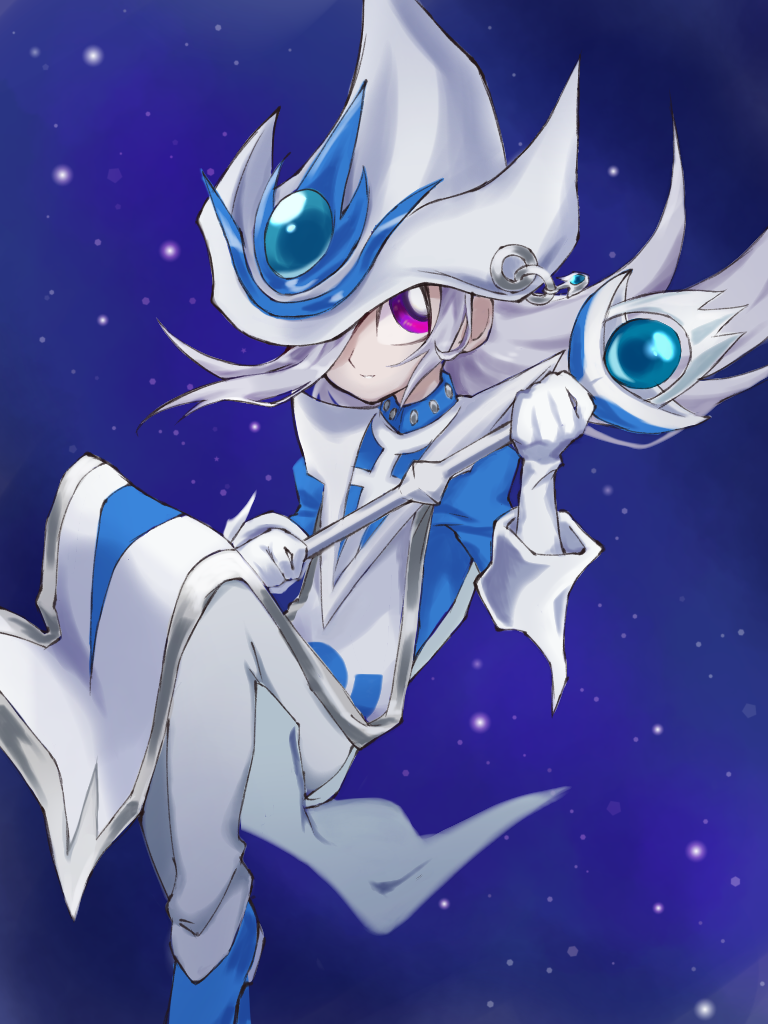 1girl, duel_monster, gloves, grey_hair, hair_over_one_eye, hat, holding, holding_staff