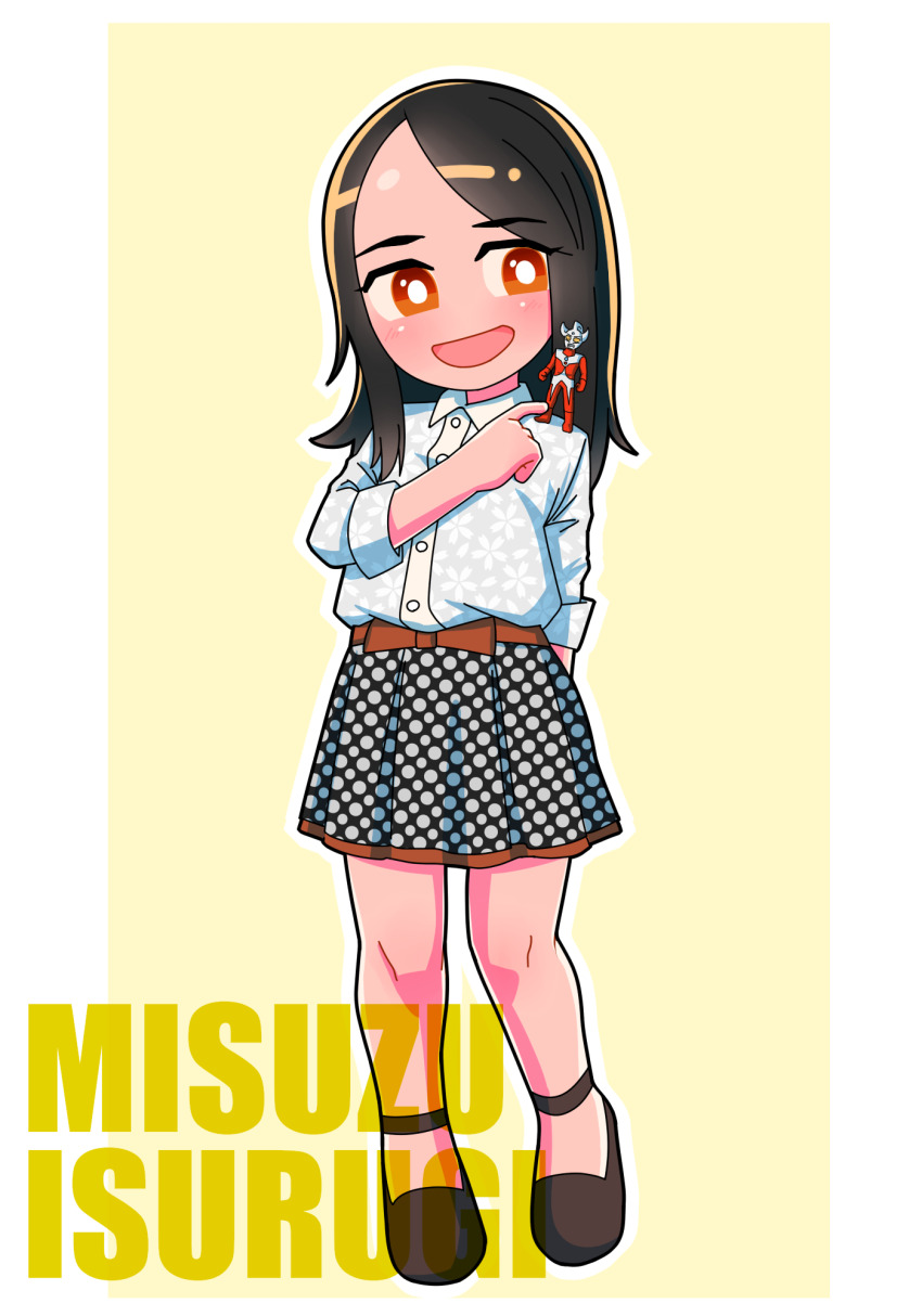 1girl, :d, animification, arm_behind_back, bare_legs, belt, belt_bow, black_skirt, border, bow, bright_pupils, brown_belt, brown_bow, brown_shoes, brown_trim, buttons, character_name, cherry_blossom_print, commentary, curtained_hair, doll, doll_on_shoulder, dress_shirt, figure, flats, floral_print, full_body, hand_up, highres, index_finger_raised, isurugi_misuzu, legs_apart, long_hair, looking_at_doll, no_nose, open_mouth, orange_eyes, pleated_skirt, polka_dot, polka_dot_skirt, print_shirt, print_skirt, sakuramon, shirt, shirt_tucked_in, shoes, skirt, sleeves_rolled_up, smile, solo, standing, straight_hair, tokusatsu, tsubasa_(godbardtsubasa), ultra_series, ultraman_ginga_(series), ultraman_tarou, ultraman_tarou_(series), white_border, white_pupils, white_shirt, wrinkled_fabric, yellow_background