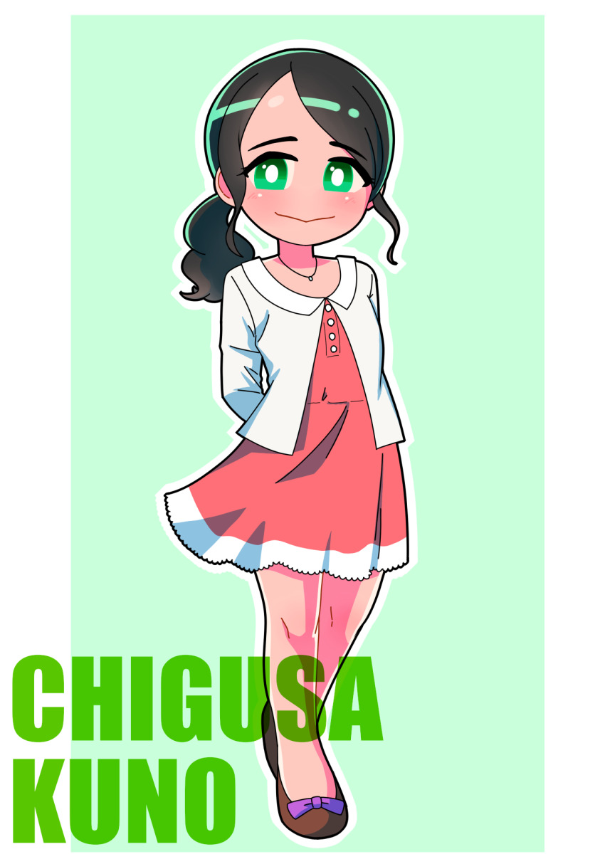 1girl, animification, arms_behind_back, bare_legs, blush, border, bow, bright_pupils, brown_shoes, buttons, character_name, closed_mouth, collared_jacket, commentary, curtained_hair, dress, flats, footwear_bow, full_body, green_background, green_eyes, highres, jacket, jewelry, kuno_chigusa, long_sleeves, looking_at_viewer, low-tied_medium_hair, low_ponytail, medium_hair, necklace, no_nose, pink_dress, ponytail, purple_bow, shoes, short_dress, short_ponytail, smile, solo, standing, tareme, tokusatsu, tsubasa_(godbardtsubasa), ultra_series, ultraman_ginga_(series), wavy_hair, white_border, white_jacket, white_pupils, white_trim