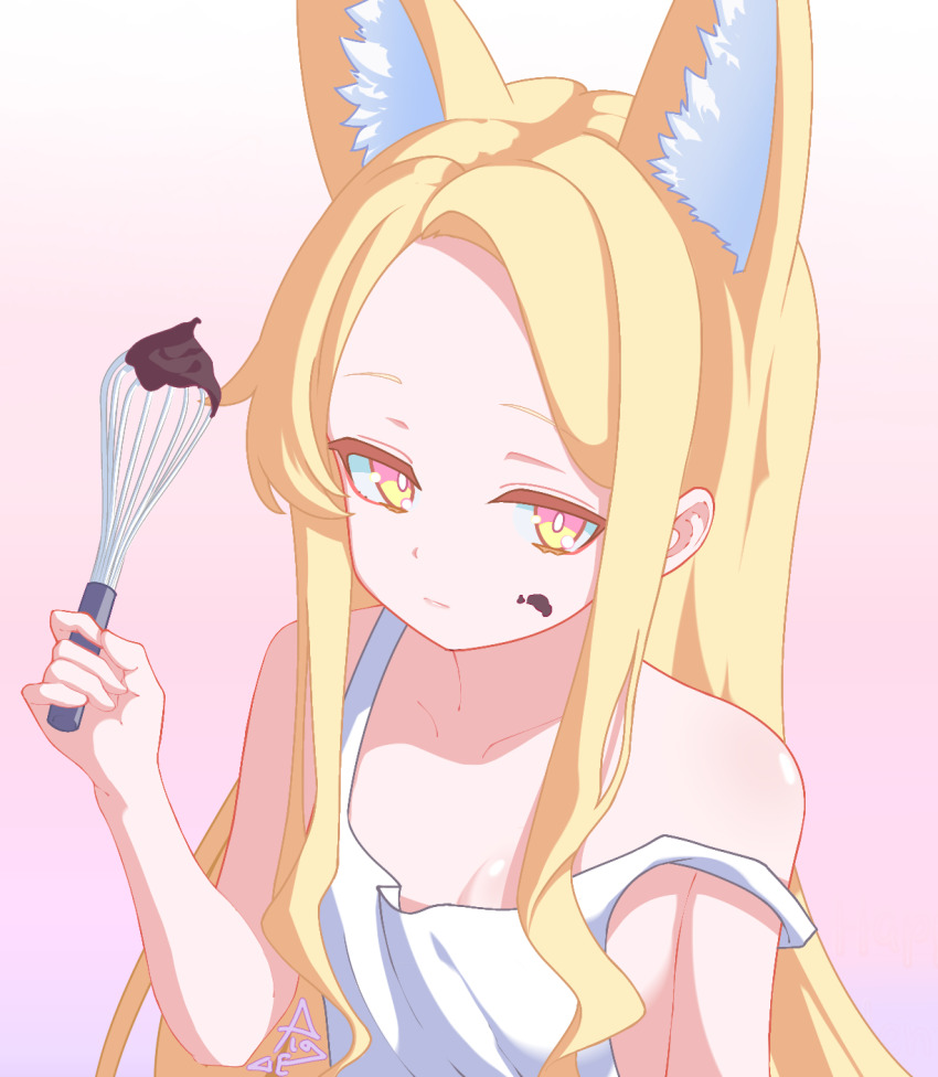 1girl, algea, animal_ear_fluff, animal_ears, apron, blue_archive, chocolate, cross_halo, forehead, fox_ears, fox_girl, halo, highres, loli, naked_apron, seia_(blue_archive), valentine, white_apron