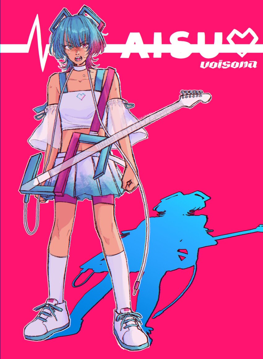 1girl, aisuu_(voisona), bike_shorts, bike_shorts_under_skirt, blue_eyes, blue_hair, blue_skirt, cable, character_name, clenched_hands, collarbone, colored_shadow, commentary, copyright_name, crop_top, derivative_work, electric_guitar, english_commentary, full_body, gradient_clothes, gradient_skirt, guitar, hair_ornament, heart, heart_print, heterochromia, highres, instrument, looking_at_viewer, medium_hair, midriff, multicolored_hair, open_mouth, pink_background, pink_eyes, pink_hair, rigel_(rirituuus), see-through_clothes, see-through_sleeves, shadow, shirt, shoes, skirt, sneakers, solo, standing, sweat, voisona, white_shirt, white_skirt, wolf_cut