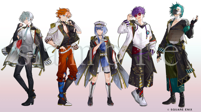 5boys, :d, aiguillette, aqua_nails, arm_at_side, arm_out_of_sleeve, arm_wrap, armband, asymmetrical_gloves, bandaged_neck, bandages, belt, black_boots, black_choker, black_gloves, black_jacket, black_kimono, black_mask, black_pants, black_shirt, black_socks, blue_eyes, blue_hair, blue_kimono, blunt_bangs, bob_cut, boots, bracelet, braid, capri_pants, choker, closed_mouth, collarbone, collared_jacket, copyright_notice, drawstring, ear_piercing, earbuds, earphones, earrings, egasumi, elbow_gloves, fingerless_gloves, fishnet_top, fishnets, floral_print, full_body, gloves, gradient_background, gradient_clothes, gradient_shirt, green_eyes, green_hair, green_kimono, grey_belt, grey_hair, grey_nails, grey_necktie, grey_shirt, grin, hadanugi_dousa, hair_between_eyes, hair_over_shoulder, half_gloves, hand_in_pocket, hand_tattoo, hand_up, haori, hat, height_difference, hexagon_print, highres, holding, holding_earphones, hood, hood_down, hoodie, jacket, jacket_on_shoulders, japanese_clothes, jewelry, ketsugou_danshi:elements_with_emotions, kimono, kyo_zip, lace-up_boots, lapels, lineup, long_sleeves, looking_at_viewer, male_focus, mask, medium_hair, minamoto_saku, mismatched_gloves, mouth_mask, multicolored_hair, multicolored_kimono, multicolored_nails, multiple_boys, necktie, official_art, onkyo, open_clothes, open_jacket, open_kimono, open_mouth, orange_hair, orange_pants, pants, parted_lips, partially_fingerless_gloves, partially_unbuttoned, peaked_cap, pendant_choker, piercing, print_socks, purple_hair, red-tinted_eyewear, ring, sample_watermark, sarashi, shiozuru_ichina, shirt, shoes, short_hair, short_kimono, short_sleeves, shorts, side_part, single_braid, single_earphone_removed, single_off_shoulder, sleeve_cuffs, smile, socks, standing, streaked_hair, striped_clothes, striped_glasses, tattoo, three-quarter_sleeves, tinted_eyewear, tosho_nanase, ukiishi_misora, undercut, untucked_shirt, watermark, white_background, white_belt, white_gloves, white_hair, white_hat, white_hoodie, white_jacket, white_shirt, white_shoes, white_shorts, wide_sleeves, wireless_earphones, yasukata_eito