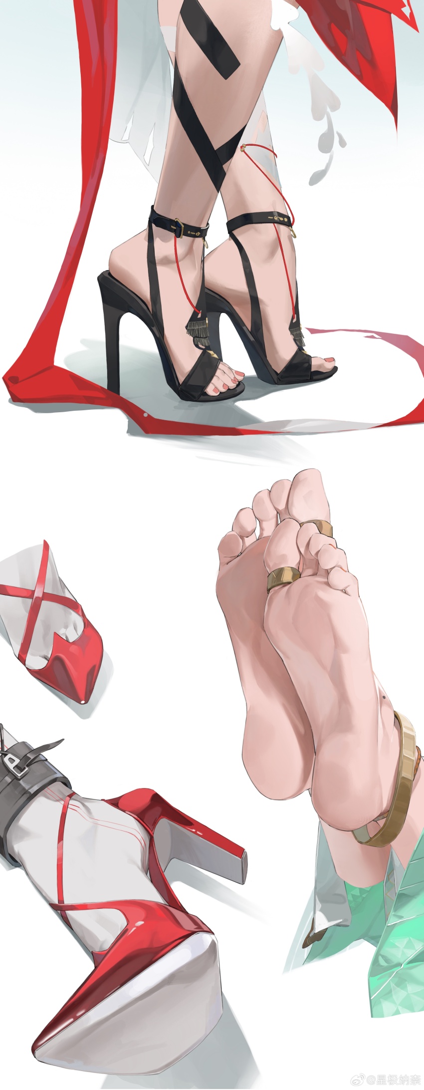 2242592427, 3girls, absurdres, ankle_cuffs, anklet, arknights, barefoot, black_sandals, feet, feet_only, foot_focus, high_heels, highres, jewelry, mole_on_foot, multiple_girls, nail_polish, nymph_(arknights), pantyhose, papyrus_(arknights), patent_heels, pozyomka_(arknights), red_nails, red_shoes, sandals, shoe_soles, shoes, soles, stiletto_heels, strappy_heels, toe_ring, toenail_polish, toenails, toes, white_pantyhose