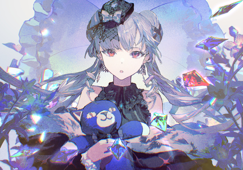 1girl, acid_(maimai), black_hat, bow, double_bun, earrings, hair_bun, hat, hat_bow, holding, holding_stuffed_toy, jewelry, lobelia_(saclia), long_hair, looking_at_viewer, maimai_(game), mini_hat, parted_lips, red_eyes, solo, stuffed_toy, twintails, upper_body