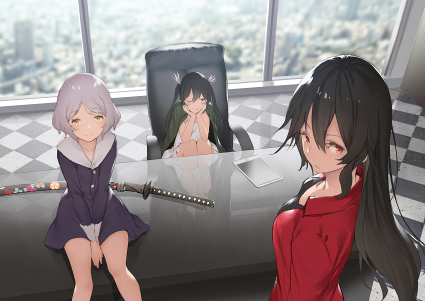 3girls, bare_legs, black_hair, black_shirt, bob_cut, chair, coat, commentary_request, desk, double-parted_bangs, dress, fur_collar, glass_wall, green_eyes, grey_hair, hair_ribbon, hand_on_own_cheek, hand_on_own_face, highres, jacket, jacket_on_shoulders, katana, long_hair, looking_back, mogumo, multiple_girls, office, office_chair, on_chair, open_clothes, open_jacket, purple_coat, red_eyes, red_jacket, ribbon, shirt, sitting, standing, swivel_chair, sword, tile_floor, tiles, tokoshie_bullet, tokoshie_no._10, tokoshie_no._7, tokoshie_no._9, twintails, v_arms, weapon, white_dress, yellow_eyes
