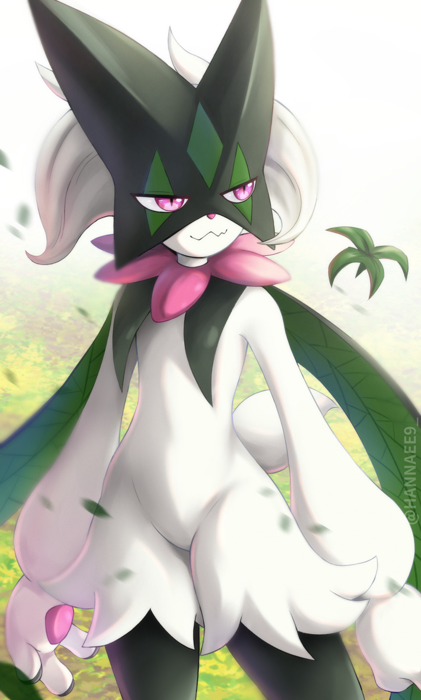1other, absurdres, closed_mouth, commentary_request, day, falling_leaves, furry, hannaee9, highres, leaf, looking_to_the_side, meowscarada, nintendo, outdoors, pink_eyes, pokemon, pokemon_(creature), pokemon_focus, smile, solo, twitter_username, watermark