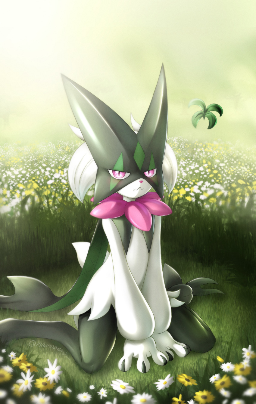 1other, absurdres, arm_support, closed_mouth, falling_leaves, field, flower, flower_field, furry, grass, hannaee9, highres, leaf, looking_at_viewer, meowscarada, mixed-language_commentary, nintendo, pink_eyes, pokemon, pokemon_(creature), pokemon_focus, sitting, solo, wariza