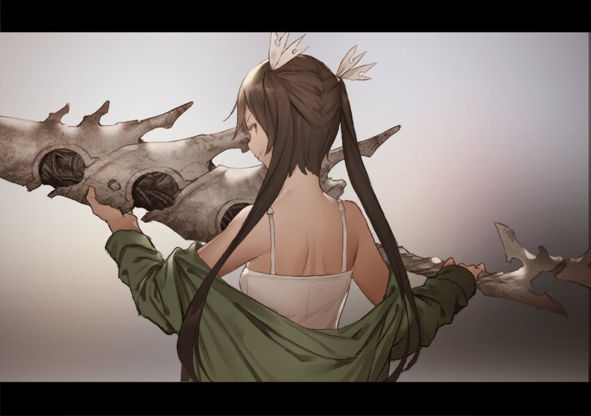 1girl, back, black_hair, blue_eyes, blurry, blurry_background, bone, cropped_torso