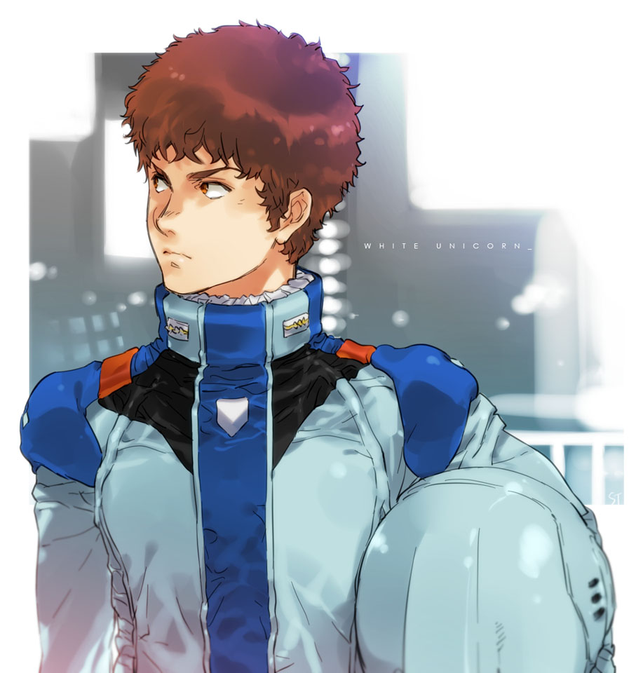 amuro_ray, brown_eyes, brown_hair, gundam, gundam_evolve, helmet, male_focus, pilot_suit