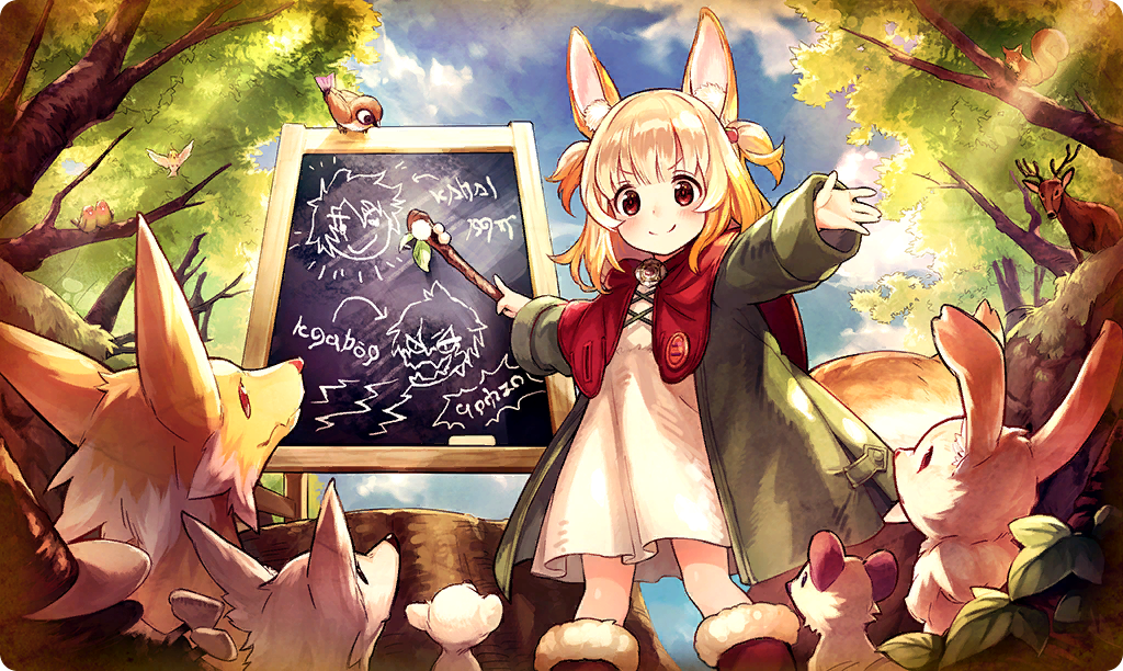 1girl, animal_ear_fluff, animal_ears, bird, blonde_hair, blue_sky, boots, chalkboard_sign
