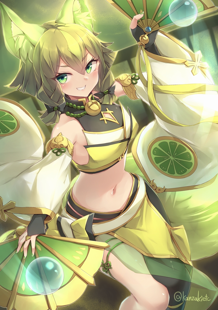 1girl, animal_ears, arm_up, asymmetrical_clothes, bare_shoulders, black_pants, blonde_hair, breasts