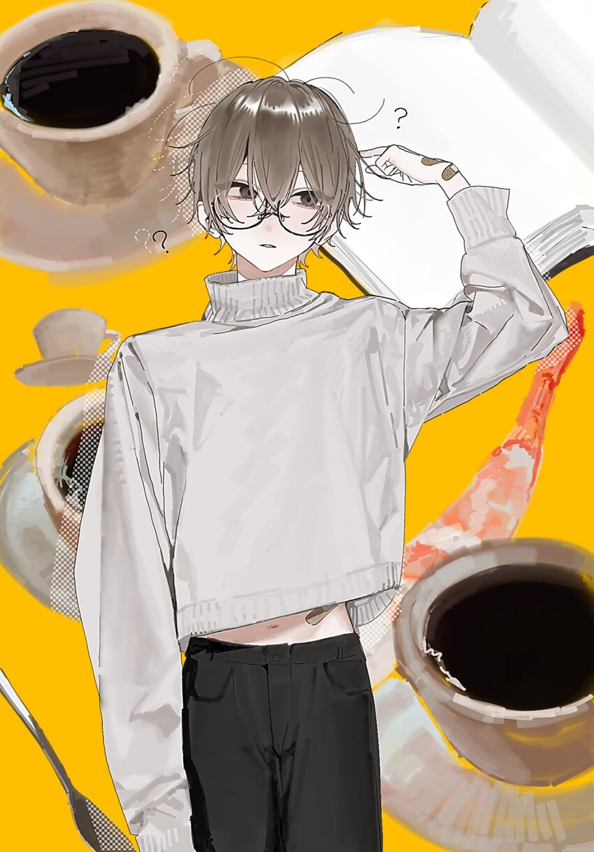 1other, androgynous, bandaid, bandaid_on_hand, black_pants, book, brown_eyes, brown_hair, commentary, cowboy_shot, cup, facing_viewer, finger_to_head, glasses, grey_shirt, high_collar, highres, midriff_peek, ml_rmi, navel, original, pants, parted_lips, round_eyewear, saucer, semi-rimless_eyewear, shirt, short_hair, sideways_glance, solo, untranslatable_commentary, teacup, under-rim_eyewear