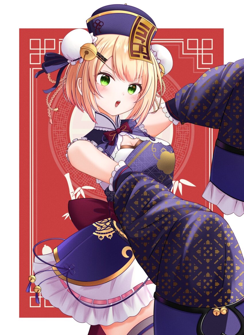 1girl, :o, bell, bell_sleeves, blonde_hair, blush, border, braid