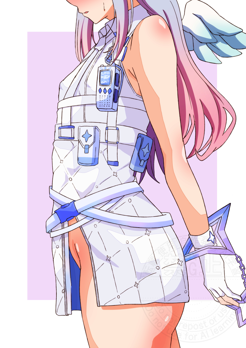1girl, absurdres, amane_kanata, amane_kanata_(heavenly_guard_mission), angel, angel_wings, armpit_crease, bare_legs, cuffs, dress, gloves, gradient_hair, grey_hair, handcuffs, head_out_of_frame, highres, hololive, long_hair, multicolored_hair, no_panties, official_alternate_costume, partially_fingerless_gloves, pink_hair, simple_background, sleeveless, sleeveless_dress, sweat, sweatdrop, virtual_youtuber, walkie-talkie, wings, yuzu_vt