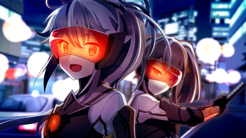 2girls, :d, ayanokouji_martial_arts_school_uniform, blurry, blurry_background, brown_hair, closed_mouth, depth_of_field