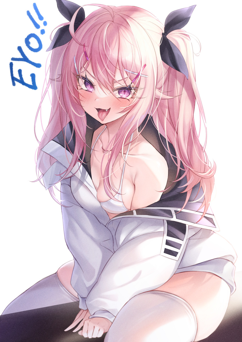1girl, :p, absurdres, ahoge, arms_between_legs, bare_shoulders, between_legs, bikini, bikini_top_only, black_bow, black_ribbon, blush, bow, bra, breasts, cleavage, collarbone, eyo_(vrchat), fang, hair_between_eyes, hair_bow, hair_ornament, hair_ribbon, hairclip, highres, jacket, jingo, long_hair, long_sleeves, looking_at_viewer, medium_breasts, off_shoulder, open_clothes, open_jacket, open_mouth, pink_eyes, pink_hair, purple_eyes, ribbon, sidelocks, simple_background, sitting, skin_fang, sleeves_past_wrists, small_breasts, smile, solo, swimsuit, thighhighs, thighs, tongue, tongue_out, twintails, two_side_up, underwear, v-shaped_eyebrows, vrchat, white_background, white_bikini, white_bra, white_jacket, white_thighhighs, x_hair_ornament