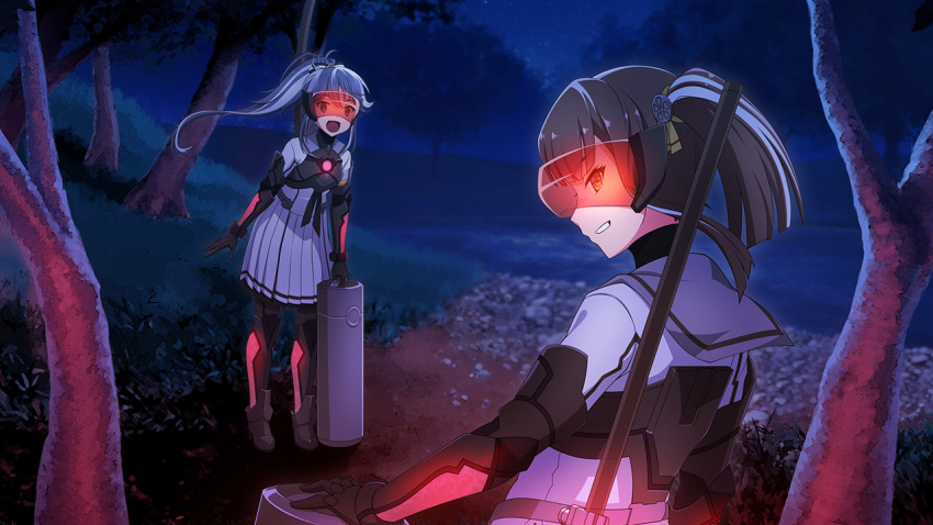 2girls, ayanokouji_martial_arts_school_uniform, brown_hair, full_body, game_cg, glowing, grey_hair, head-mounted_display