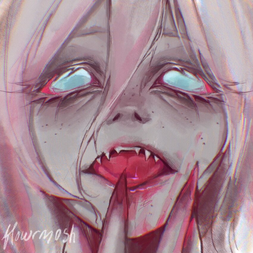 1girl, artist_name, blood, briar_(league_of_legends), colored_skin, fingernails, grey_eyes, grey_skin, hair_between_eyes, highres, knol_(flowrmosh), league_of_legends, sharp_fingernails, sharp_teeth, smile, solo, teeth, tongue, tongue_out, vampire