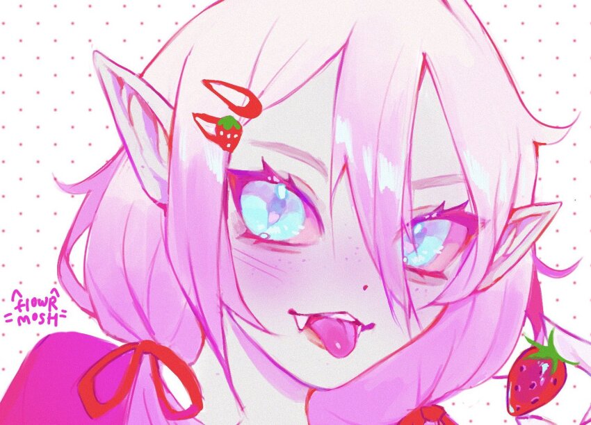 1girl, blue_eyes, blush, briar_(league_of_legends), fangs, freckles, grey_hair, hair_ornament