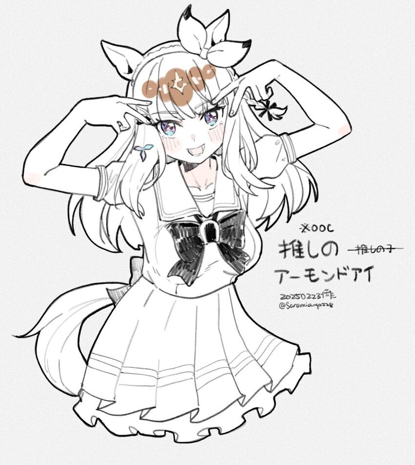 1girl, almond_eye_(racehorse), animal_ears, blue_eyes, breasts, collarbone, dated, double_v