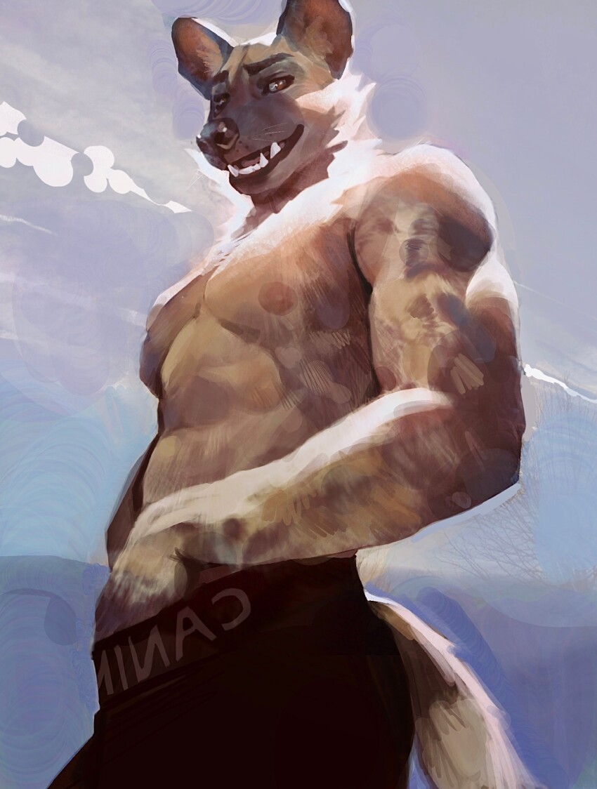 1boy, animal_ears, black_pants, body_fur, dog_boy, dog_ears, dog_tail, from_below, furry, furry_male, grey_fur, highres, looking_at_viewer, male_focus, mokejumps, muscular, muscular_male, original, pants, smile, solo, tail, teeth, topless_female, topless_male