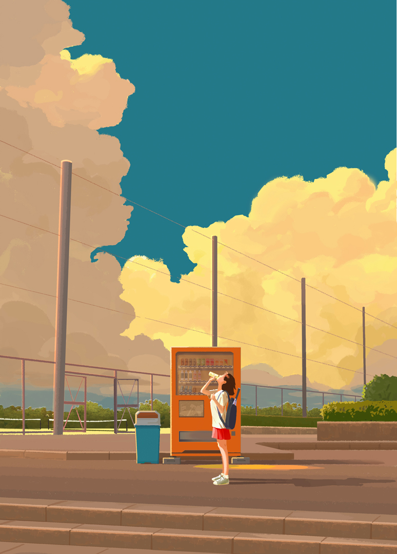 1girl, backpack, bag, blue_sky, bottle, bush, cloud, cumulonimbus_cloud, drinking, faceless, faceless_female, fence, from_side, gate, head_back, holding, holding_bottle, izumitaki_arata, original, outdoors, racket, red_skirt, scenery, shadow, shirt, shoes, short_sleeves, skirt, sky, solo, stairs, standing, tennis_court, tennis_net, tennis_racket, trash_can, vending_machine, white_shirt, wide_shot
