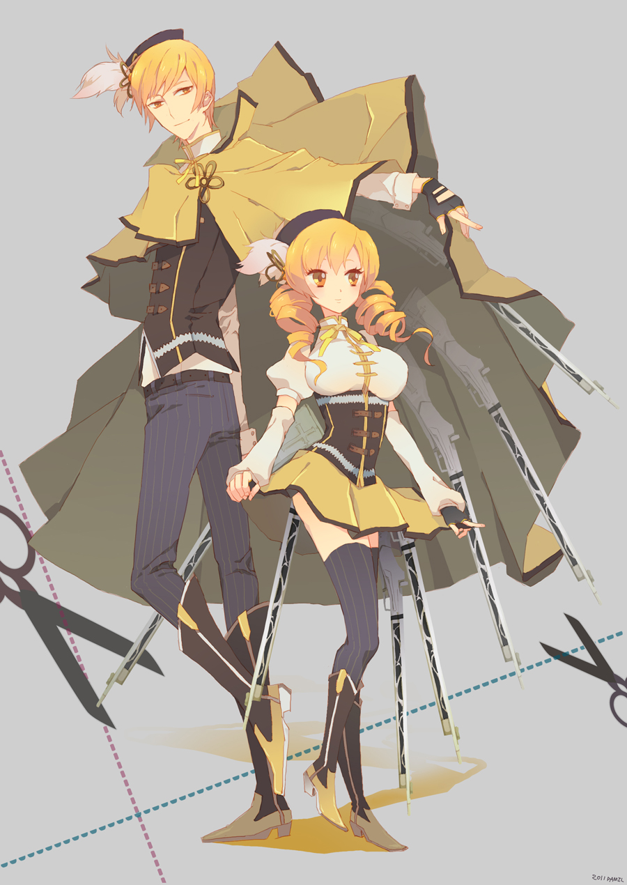10s, 1boy, 1girl, bad_id, bad_pixiv_id, beret, blonde_hair, boots, breasts, cape, corset, cut-here_line, damil, detached_sleeves, dotted_line, drill_hair, dual_persona, field_of_blades, fingerless_gloves, genderswap, genderswap_(ftm), gloves, grey_thighhighs, gun, hair_ornament, hairpin, hat, height_difference, highres, large_breasts, magical_boy, magical_girl, magical_musket_(madoka_magica), mahou_shoujo_madoka_magica, mahou_shoujo_madoka_magica_(anime), multiple_weapons, pants, pleated_skirt, puffy_sleeves, punch_(punchrecipe), ribbon, scissors, shirt, skirt, smile, striped_clothes, striped_pants, striped_thighhighs, taut_clothes, taut_shirt, thighhighs, tomoe_mami, tomoe_mami_(magical_girl), vertical-striped_clothes, vertical-striped_pants, vertical-striped_thighhighs, vest, weapon, yellow_eyes, zettai_ryouiki