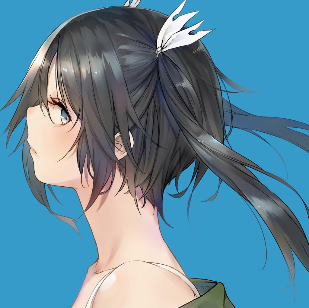1girl, bare_shoulders, black_hair, blue_background, blue_eyes, cropped_shoulders, floating_hair, from_side