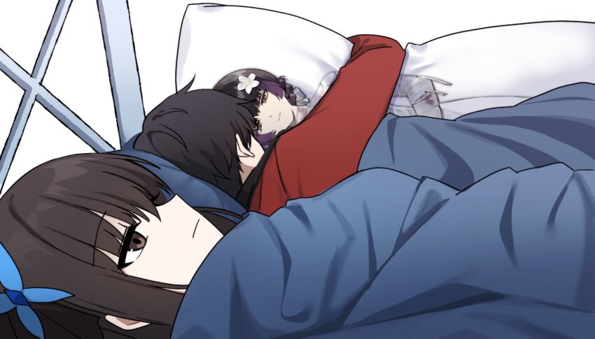 1boy, 1girl, 500_dollar_four_foot_tall_mareep_(meme), bandaged_arm, bandages, black_hair, blanket, body_pillow