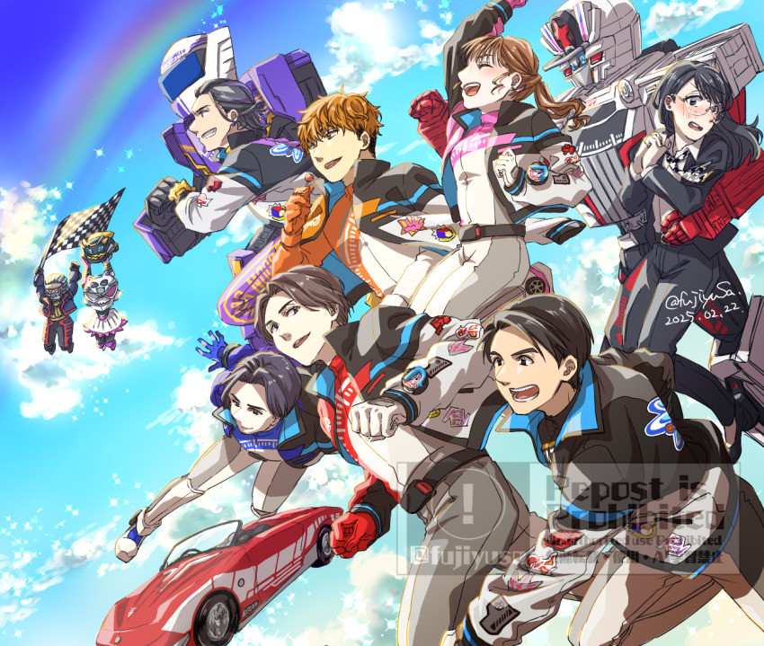 3girls, 6+boys, akuse_jou, bakuage_sentai_boonboomger, black_hair, bodysuit, brown_hair, bundorio_bunderas