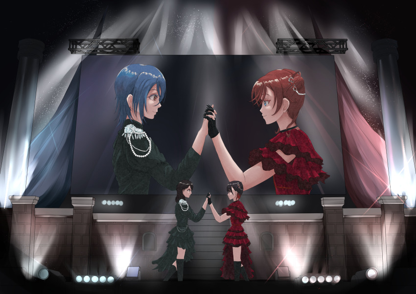 4girls, absurdres, black_choker, black_gloves, black_hair, black_thighhighs, blue_eyes, blue_hair