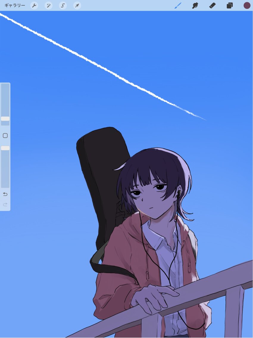 1girl, art_program_in_frame, black_eyes, blue_sky, closed_mouth, collared_shirt, commentary, contrail