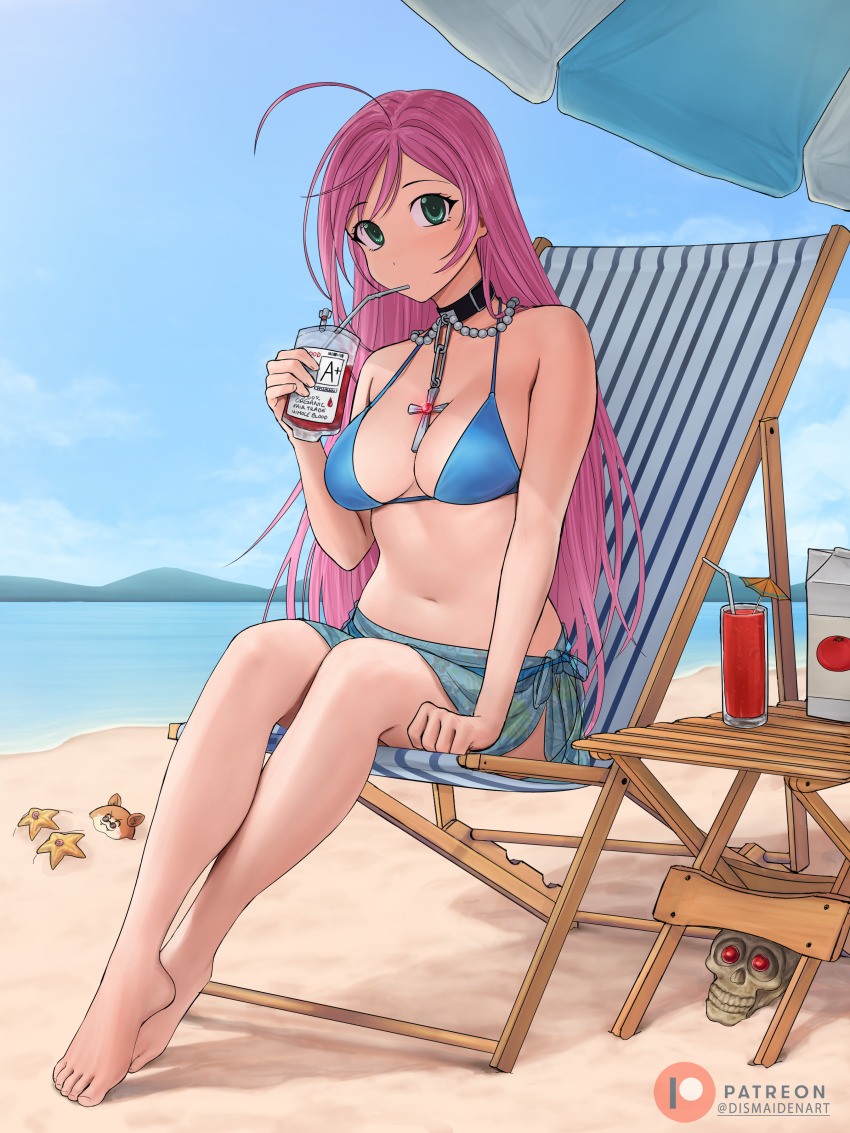 1girl, absurdres, ahoge, akashiya_moka, beach, beach_chair, beach_umbrella, bikini