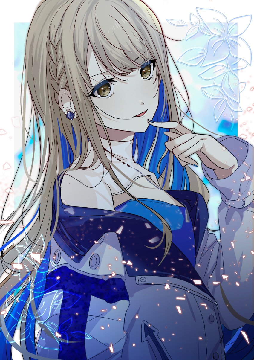 1girl, absurdres, azusawa_kohane, blue_hair, blue_nails, braid, breasts, brown_eyes