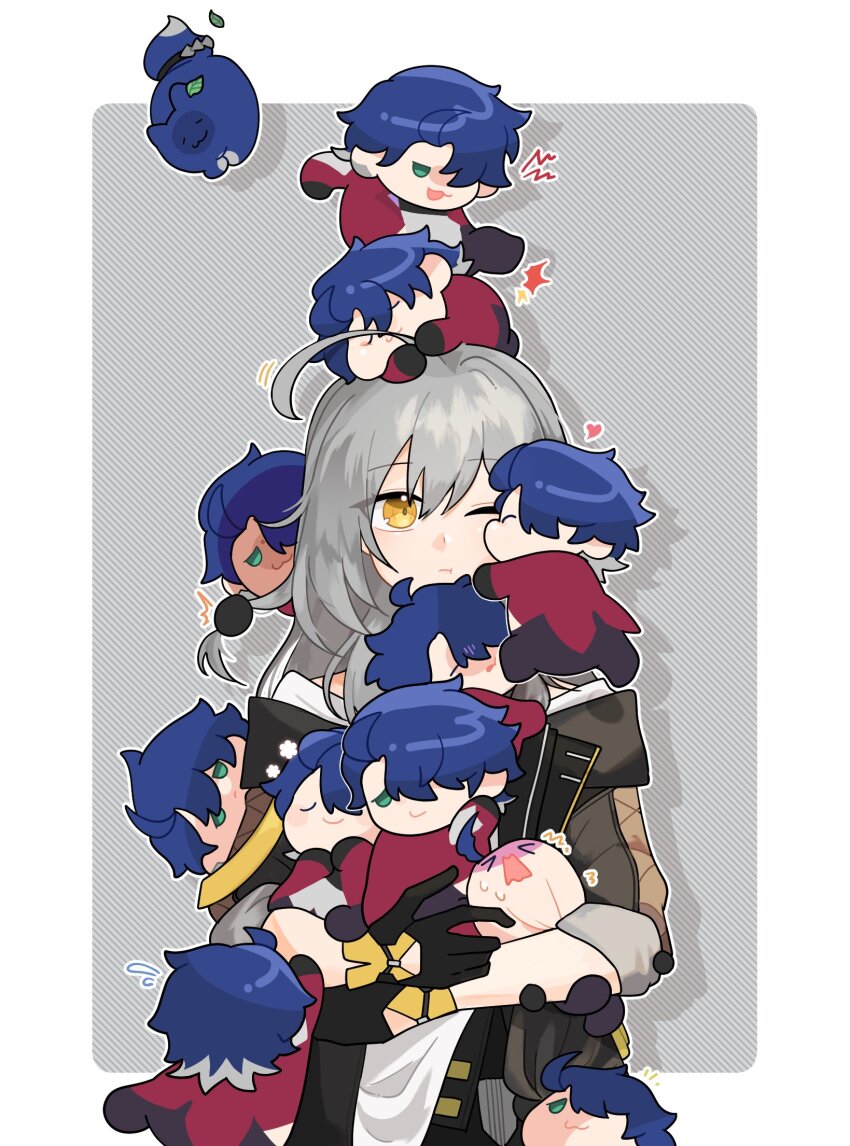 1boy, 1girl, ahoge, angry, black_gloves, border, cat, chibi