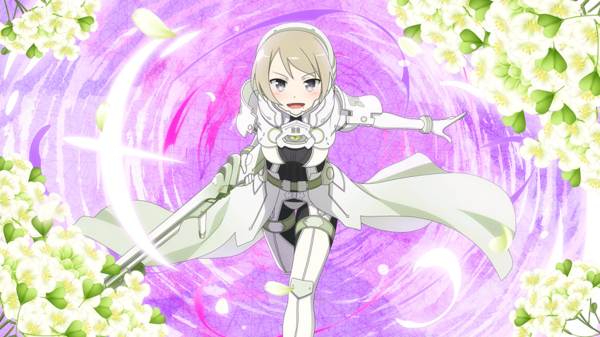 armored_bodysuit, artist_request, check_artist, flower, game_cg, grey_eyes, grey_hair, gun