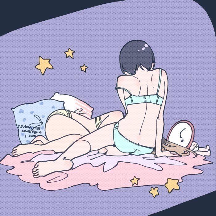 2girls, back, barefoot, bra, clock, copyright_name, english_text, inuzuka_miwa, lying, multiple_girls, panties, pillow, sawatari_saeko, sitting, star_(symbol), tamifull, tsukiatte_agetemo_ii_kana, underwear