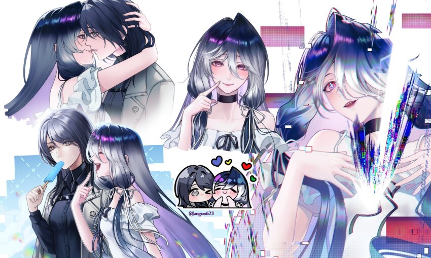 000_(path_to_nowhere), 2girls, angon623, bare_shoulders, black_choker, black_shirt, blush, chief_(path_to_nowhere), choker, coat, coat_on_shoulders, collarbone, collared_shirt, colored_inner_hair, commentary, cross-shaped_pupils, dress, dress_shirt, earrings, female_chief_(path_to_nowhere), food, frilled_dress, frills, gradient_hair, grey_coat, grey_eyes, grey_hair, hashtag-only_commentary, highres, holding, holding_food, holding_popsicle, imminent_kiss, jewelry, low-tied_sidelocks, multicolored_hair, multiple_girls, multiple_views, path_to_nowhere, pointing, pointing_at_self, popsicle, purple_eyes, purple_hair, shirt, sidelocks, single_hair_intake, sleeveless, sleeveless_dress, spaghetti_strap, sweatdrop, symbol-shaped_pupils, twitter_username, undershirt, white_dress, yuri