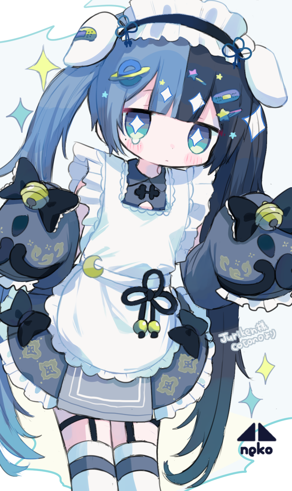 1girl, animal_ears, apron, aqua_eyes, bandaid, bandaid_hair_ornament, bell, black_bow