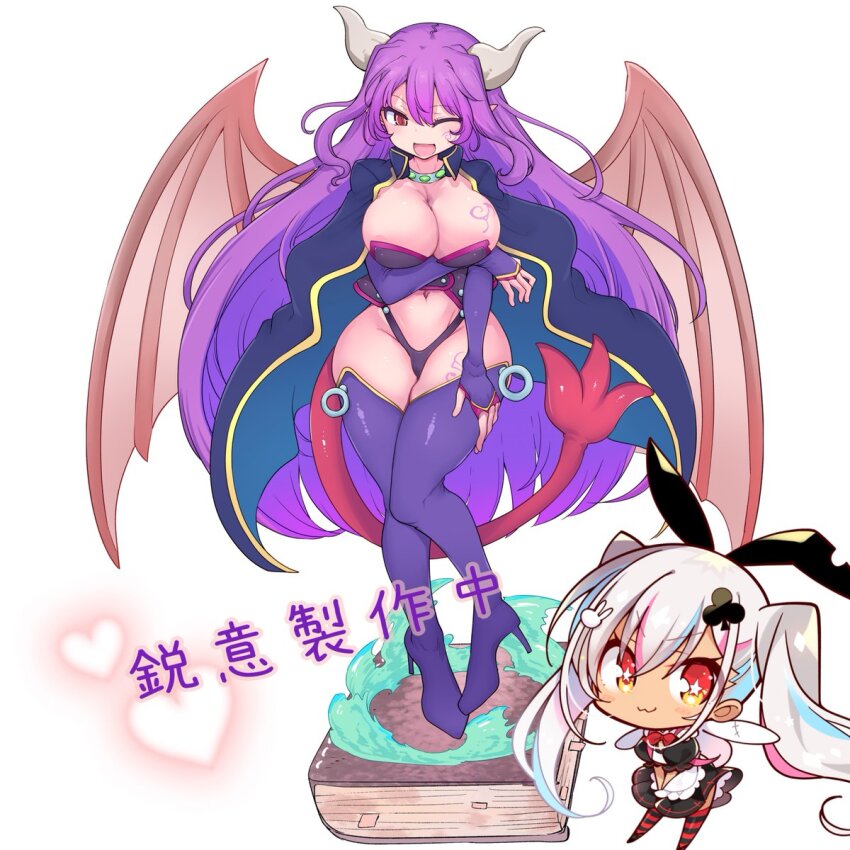 2girls, ;d, alma_elma, animal_ears, apron, arm_under_breasts, black_corset, black_dress, black_panties, bookmark, boots, breasts, bridal_gauntlets, character_request, chibi, chibi_inset, cleavage, cloak, club_(shape), club_hair_ornament, commentary_request, cool-kyou_shinja, copyright_request, corset, curvy, demon_girl, demon_horns, demon_tail, demon_wings, dress, facial_tattoo, fake_animal_ears, figure, full_body, grey_horns, hair_between_eyes, hair_ornament, hand_on_own_thigh, has_a_figure, heart, high_heel_boots, high_heels, highleg, highleg_panties, highres, horns, large_breasts, leg_tattoo, long_hair, looking_at_viewer, mon-musu_quest!, multicolored_hair, multiple_girls, navel, official_art, on_book, one_eye_closed, open_mouth, panties, pink_tail, pink_wings, promotional_art, purple_boots, purple_bridal_gauntlets, purple_hair, rabbit_ears, rabbit_hair_ornament, red_eyes, second-party_source, shiny_skin, smile, solo_focus, standing_on_book, star-shaped_pupils, star_(symbol), streaked_hair, striped_clothes, striped_thighhighs, symbol-shaped_pupils, tail, tattoo, thigh_boots, thighhighs, thong, translation_request, twintails, underwear, very_long_hair, waist_apron, white_hair, wide_hips, wind, wings